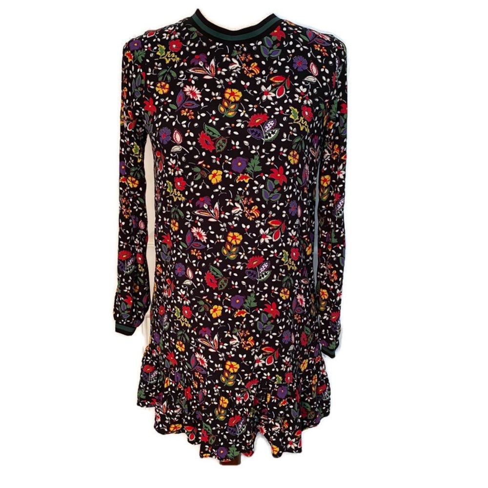 ZARA DRESS MINI TUNIC BLACK FLORAL LONG SLEEVE MOCK NECK Size S
